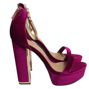 Bamboo Purple Pink Fuchsia Velvet Chunky Platform Heels Gold Strap Size 10 NIB